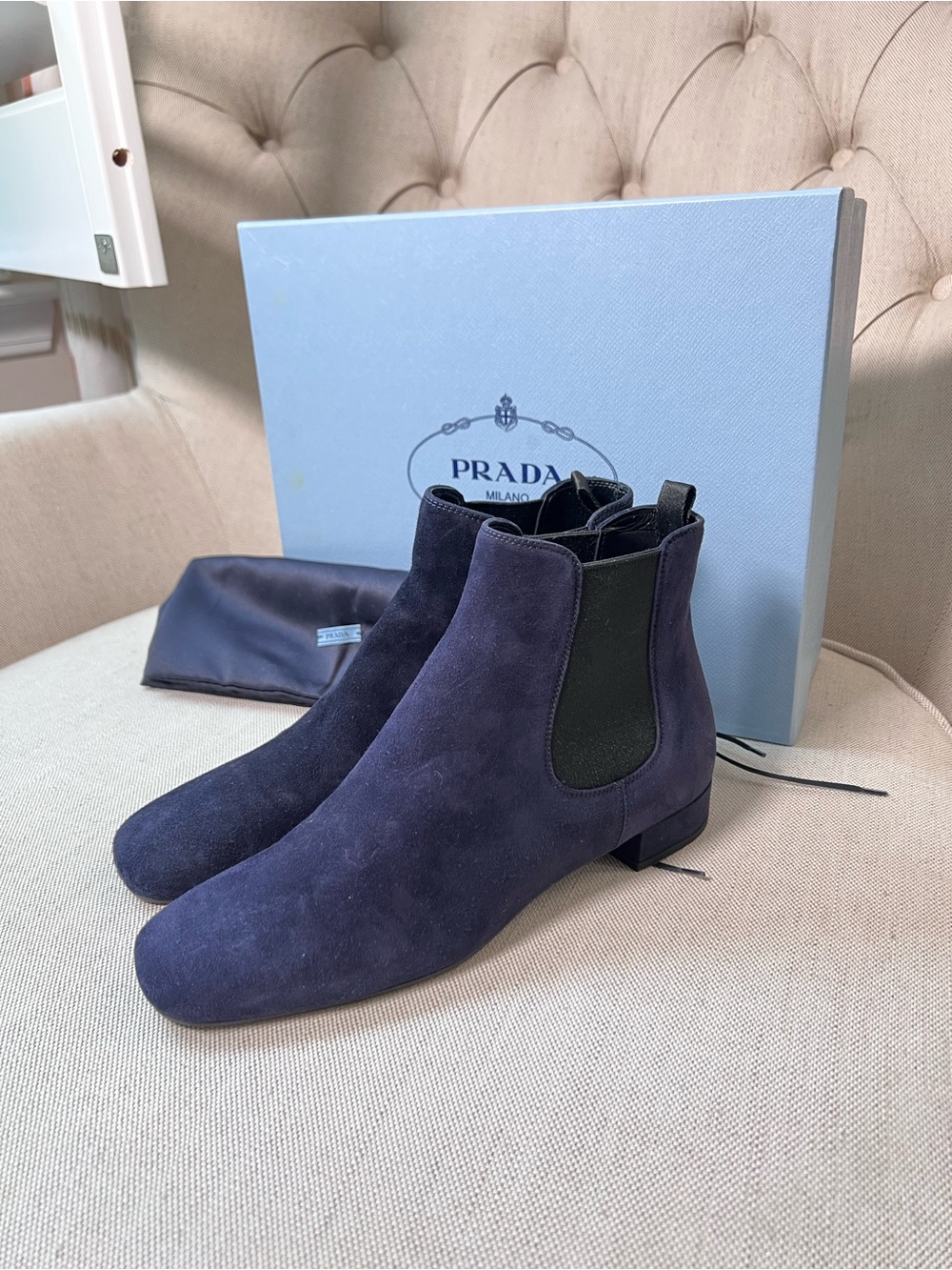 NEW Prada Navy Suede Chelsea Ankle Boots